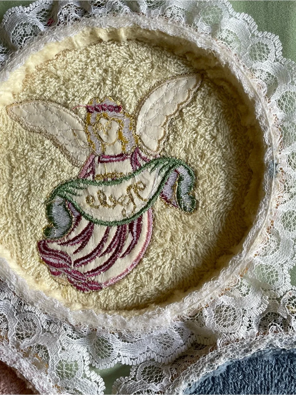 Vintage Angel Embroidered Wall Hanging Set Of 3 Lace Trim Handmade Decor